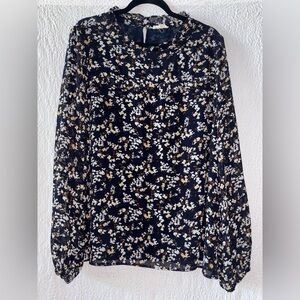 Cotton Bleu Floral Print Ruffle Long Sleeve Round Neck Blouse